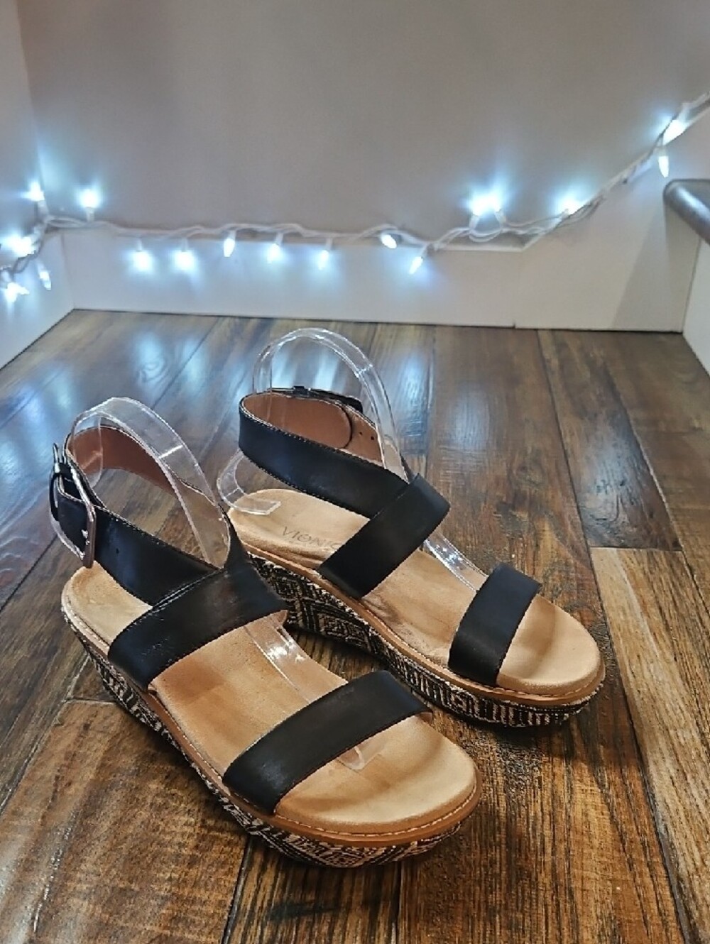 Vionic Black Strappy Wedge Sandals with Patterned Espadrille Heel - Picture 5 of 13